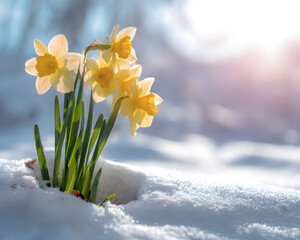 Naklejka premium Yellow daffodils blooming through a layer of fresh white snow in the bright morning sun, representing the transition from winter to spring and the resilience of nature.