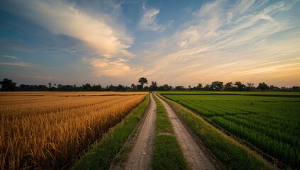 Obraz premium Dusk over a countryside trail flanked by rice paddies and harvested land, highlighting rural scenery and seasonal change