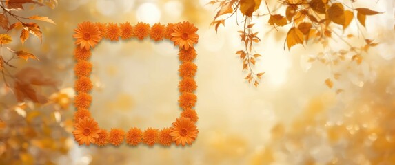 Obraz premium Abstract design featuring orange flowers in square patterns with nature-themed elements like leaves and trees
