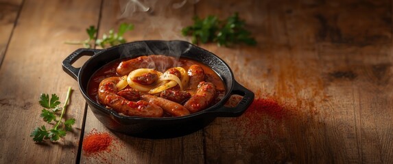 Sliced onion and sausages fried in tomato sauce for soup in a black pan on a wooden table