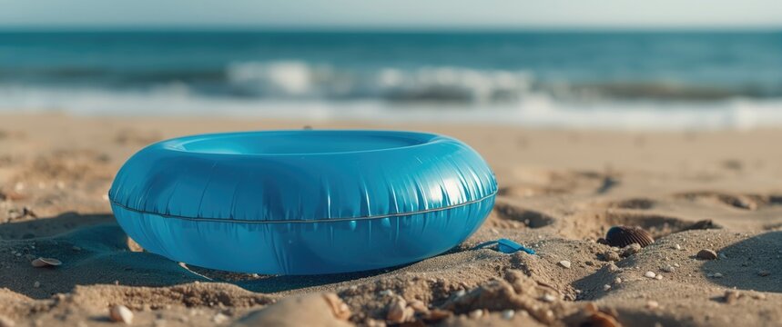 Blue inflatable ring resting on sandy beach