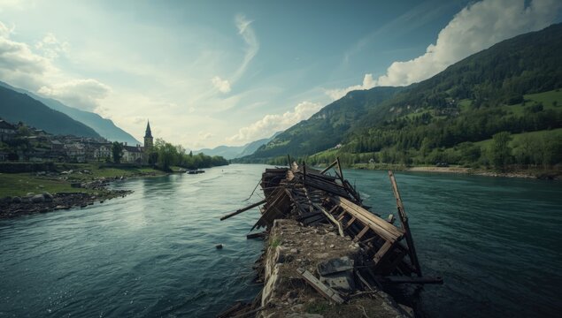 Damaged bridge spanning the Rhine with visible structural collapse, transportation safety concern