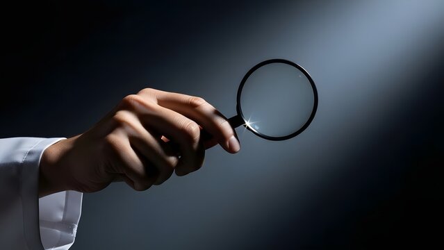 A person holding a magnifying glass in a dark room with a spotlight shining on the lens