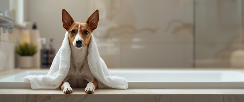 Bathroom scene: humorous basenji dog wrapped in towel post-wash