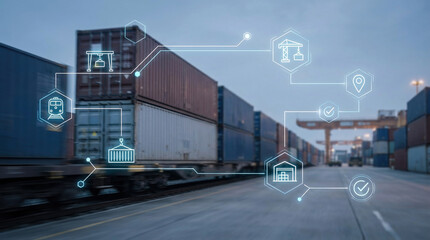 logistics supply chain smart technology cargo train shipping container industrial iot digital transformation concept for global trade efficiency and smart distribution management.