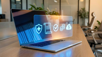 health insurance digital policy medical coverage fintech online banking financial technology healthcare plan shown on laptop in office for secure data management and planning.