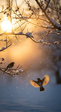 Birds in snowy branches at sunrise, glowing spring transition landscape with flying songbird and golden sunlight