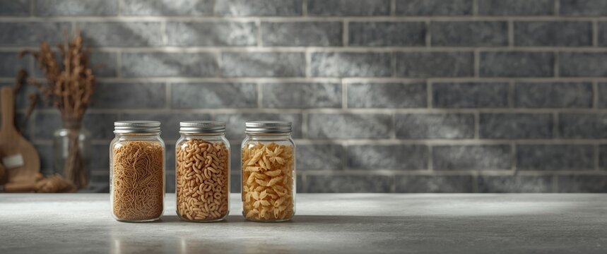 Storing three varieties of pasta in glass containers against a gray brick wall