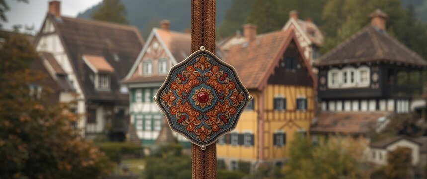Folk pattern belt ornament from Cicmany, Slovakia, featuring the village's painted wooden houses on UNESCO's list