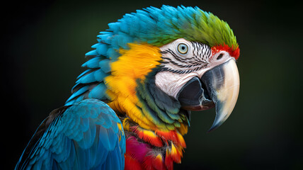 Obraz premium A vibrant parrot with colorful feathers and a large beak is shown in a close-up portrait against a dark background.
