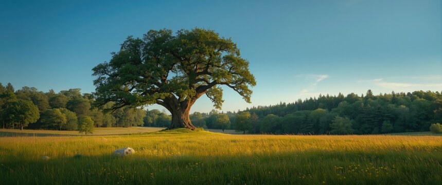 Single massive oak tree in a meadow adjacent to the forest