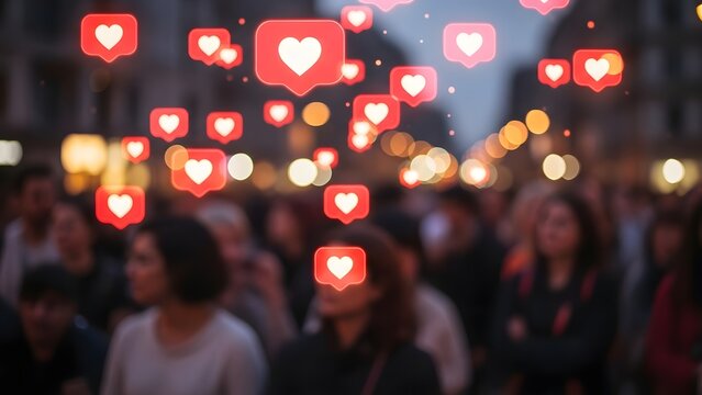 Blurry crowd with floating social media likes and hearts