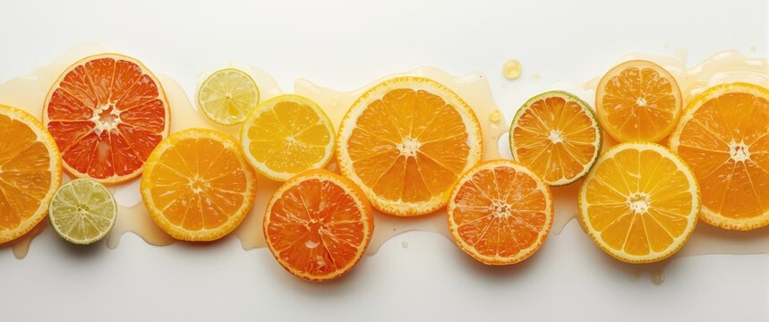 Fruit slices including oranges, lemons, limes, and mandarins on a white background, emphasizing food, health, and freshness, with green, orange, and splash effects