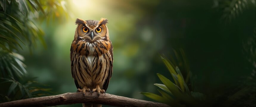 Portrait of a furious Buffy Fish Owl, Ketupa ketupu, also known as Malay fish owl, disturbed by strange noise, staring with large yellow eyes