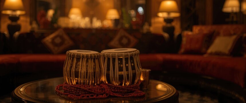 Interior of the chill-out with ethnic Indian instrument tabla