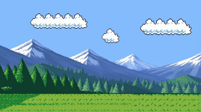 Pixelated mountain landscape with vibrant green fields and fluffy clouds. A nostalgic representation of nature in retro video game style