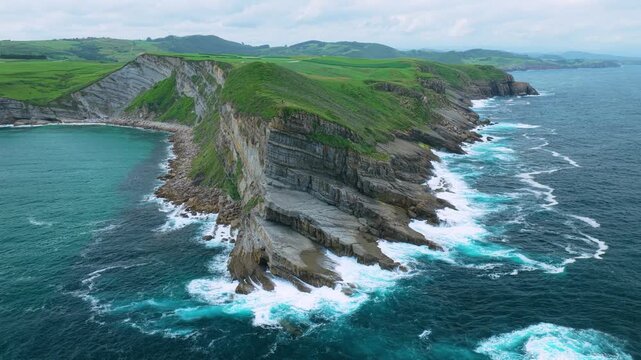 Aerial view from a drone of the coastline near Punta Ballota in the municipality of Suances. Cantabrian Sea. Cantabria. Spain. Europe