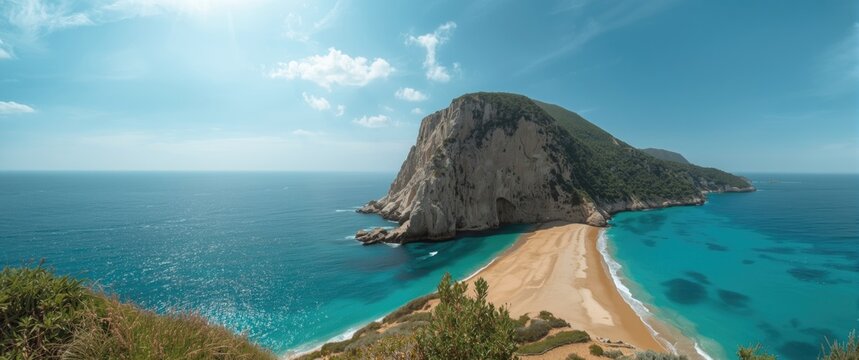 Scenic Thracian cliffs by the black sea with blue clear water, sky, beach, summer, travel, nature, landscape, sea, mountain, green
