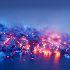 Glowing blue and orange crystals radiating light on a dark, reflective background with copy space. Glowing blue crystals on dark reflective surface