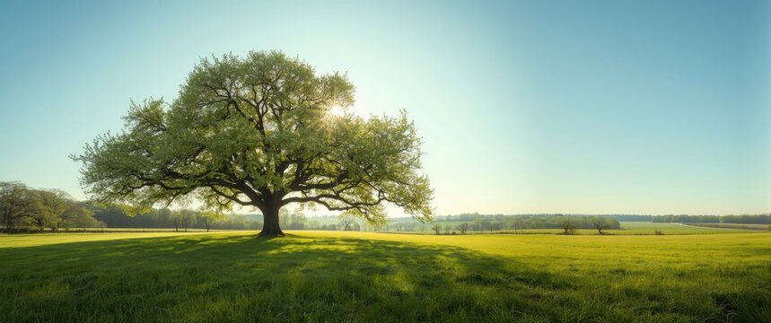 Lush spring meadow with a towering tree and fresh green foliage