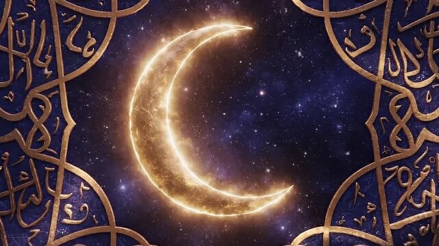 Ethereal glowing crescent moon illuminating a deep blue starry night, elegantly adorned with golden calligraphic Islamic patterns and mystical charm
