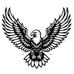 Fototapeta premium Royal eagle logo, wings spread, wearing crown, black and white vector illustration, bold outlines, white background