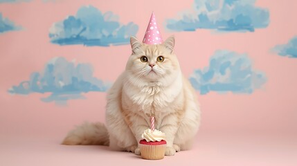 Naklejka na ściany i meble Adorable cat in party hat with cupcake
