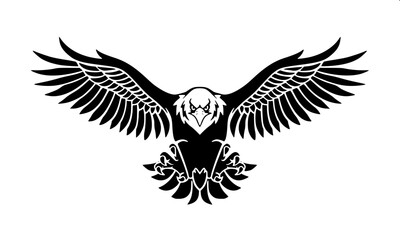 Obraz premium Royal eagle logo, wings spread, wearing crown, black and white vector illustration, bold outlines, white background