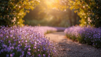 Obraz premium Bright garden pathway bordered by purple starflower plants, highlighting floral landscaping