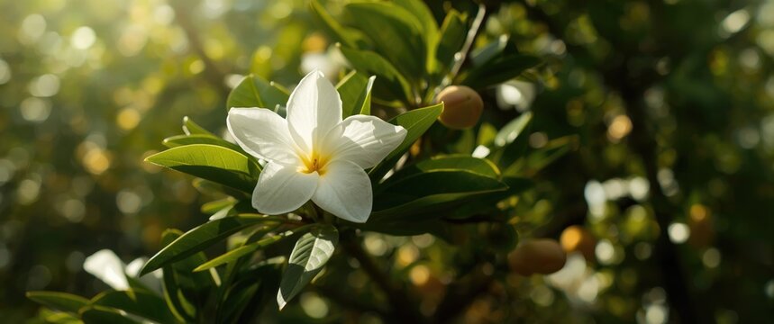 Detailed view of bitter orange blossom on a citrus Aurantium tree on a sunny day in Seville, Andalusia, Spain, showcasing Neroli flower, also known as azahar in Spanish, representing spring