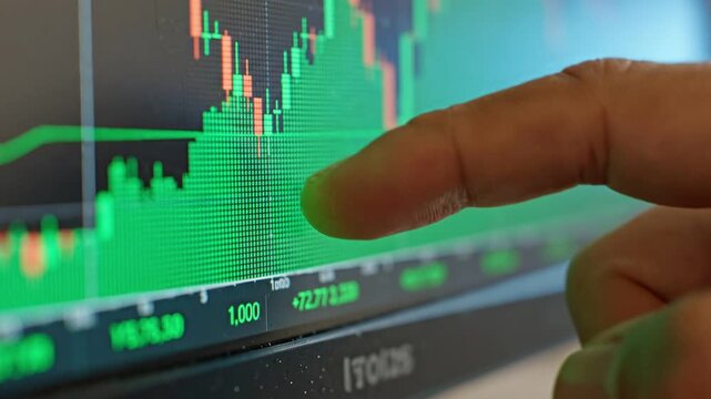 Close up shot of a financial chart on a screen with a finger pointing, indicating analysis. The data is green and red. Use this to visualize finance, investment, analysis, and market trends. Add this 