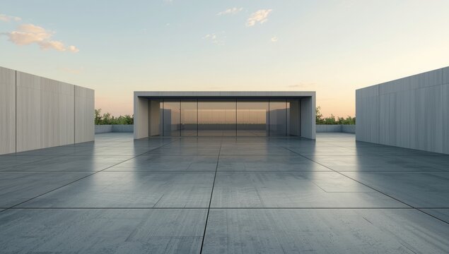 3d render of a building environment with concrete flooring serving as a layout for automotive promotion, cityscape setting