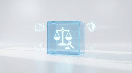 law justice legal technology compliance digital scales icons inside a glowing glass cube on white background representing modern regulatory systems and corporate governance.