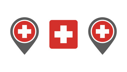 Obraz premium Switzerland flag location icon, set vector Location pin Switzerland flag icon. Country location symbol Map markers design template illustration, Vector illustration. Glossy button with highlights