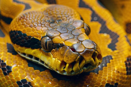 Vibrant yellow and black snake rests, showcasing its intricate scale pattern and captivating gaze