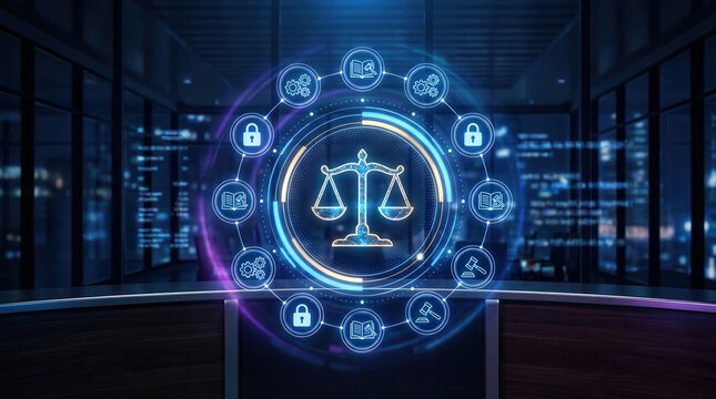 Legal tech digital law cyber justice compliance security regulations justice system scales of justice concept showing modern legal technology and virtual law firm interface.