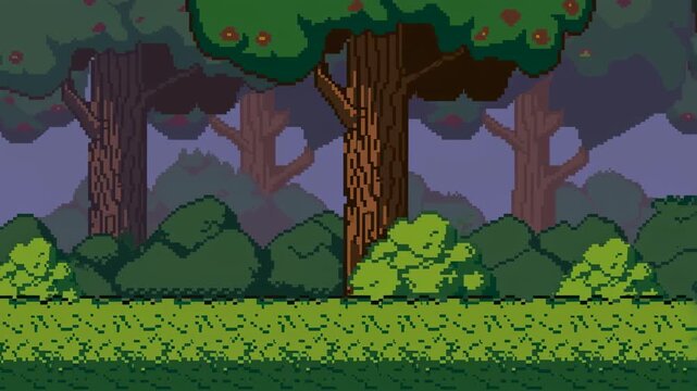 Animated pixel art forest landscape with vibrant trees and bushes. Ideal for video games, storytelling, and creative projects