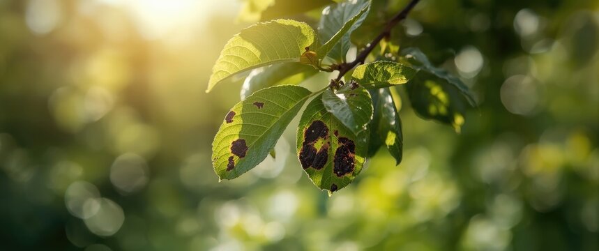 Infected apple tree leaves with scab damage