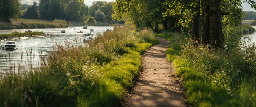 Summer landscape featuring a footpath on a river bank with grass and marina views