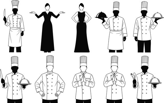 Set of professional restaurant staff silhouettes including executive chefs with knives and trays, hostesses in evening gowns, and welcoming servers