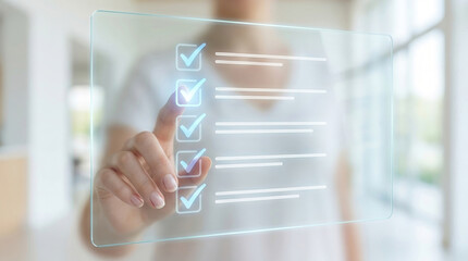 checklist digital business success technology screen interface used for managing professional tasks and quality control with a transparent virtual holographic display concept.
