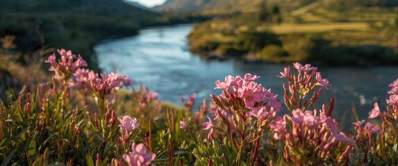 River Background Featuring Highlands Pink Flowers