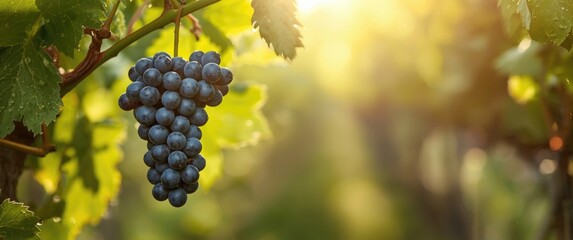 Blue grapes hanging on a branch against a summer-themed background, emphasizing fruit and health