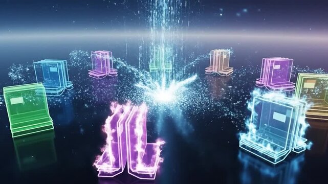 Virtual Library Concept with Glowing Digital Information and Abstract Books