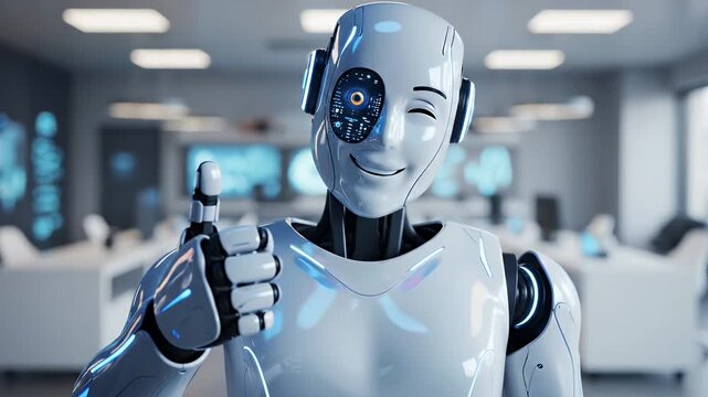 Friendly AI Robot with Thumb Up Gesture - A friendly-looking white humanoid robot winks and gestures a thumb up, symbolizing approval or positivity.