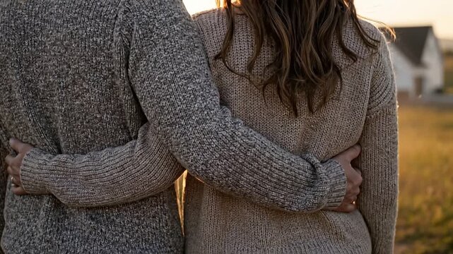 Captured from behind, a couple stands embraced, bathed in golden sunset light, admire their dream home. Ideal for romance, real estate, lifestyle, family, and future themes. Perfect for ads, film, web