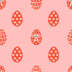 Easter Egg Pink Seamless Pattern. Coquette Spring Holiday traditional symbol background with flowers, lace, heart shapes. Repeatable vector illustration
