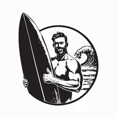 Portrait Handsome Man Surf Board Image Vector Isolated on White Background