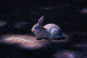 Fototapeta premium Wild rabbit resting on a bed of dry pine needles in a patch of light in a dark forest