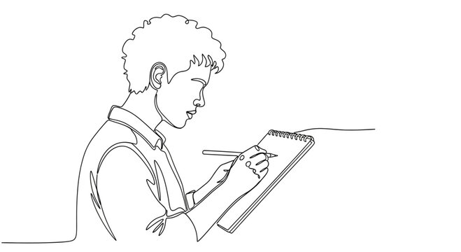 Man Writing in Notebook with Pencil.